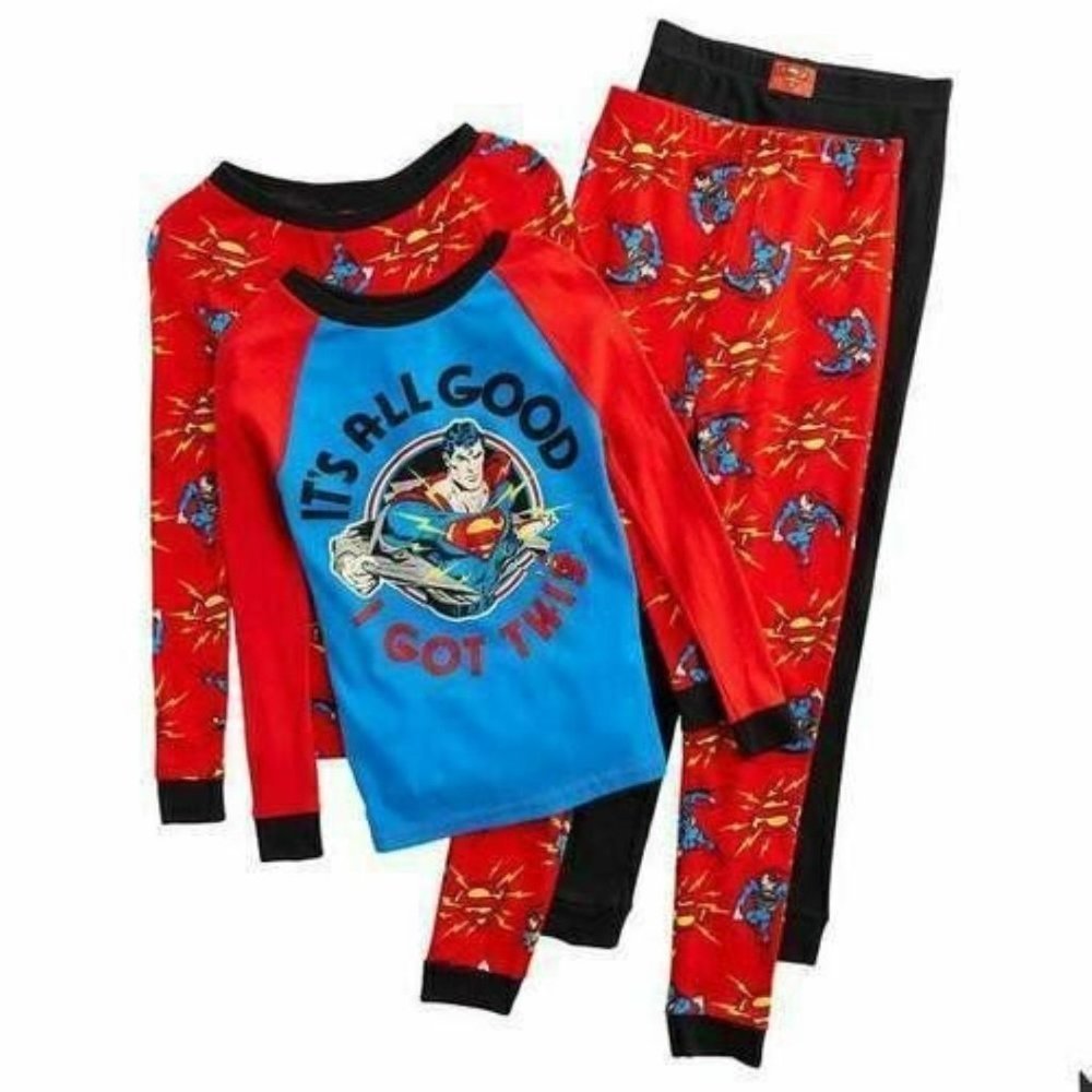 Boys Superman Pajamas 4 Winter DC Comics 4 Pc Long Sleeve Shirts & Pants